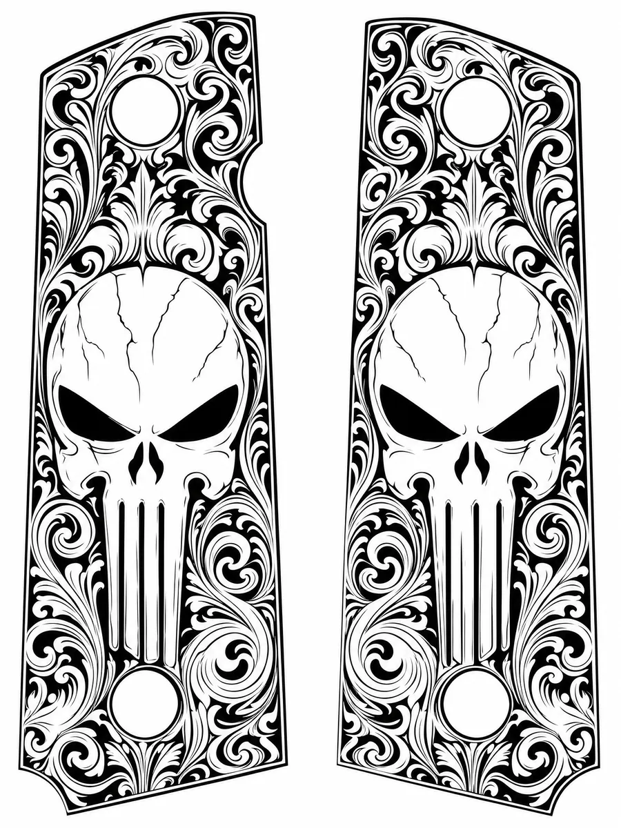 Black-and-white fitted scrollwork artwork arranged inside two grip-shaped panels