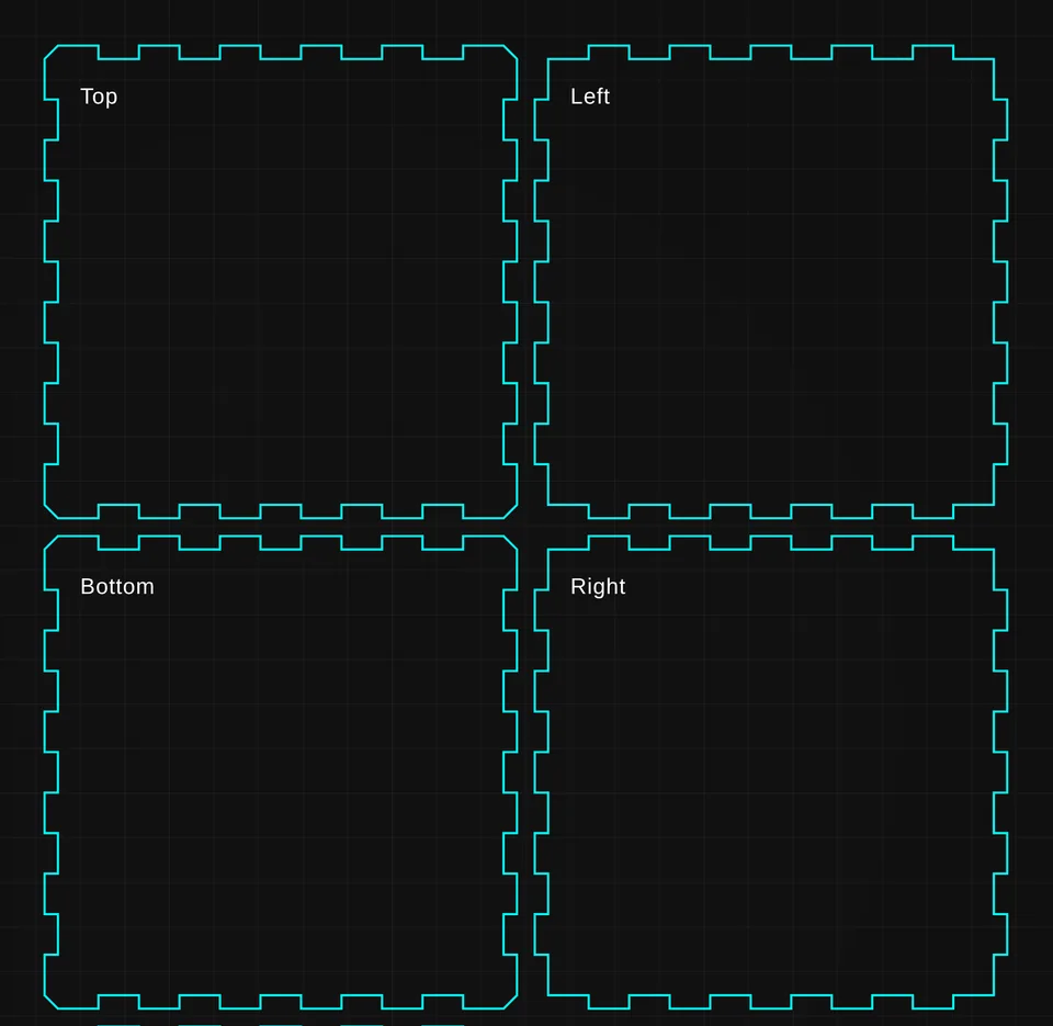 Box Maker flat layout: Top, Left, Bottom and Right panels with interlocking finger joints, generated in the browser