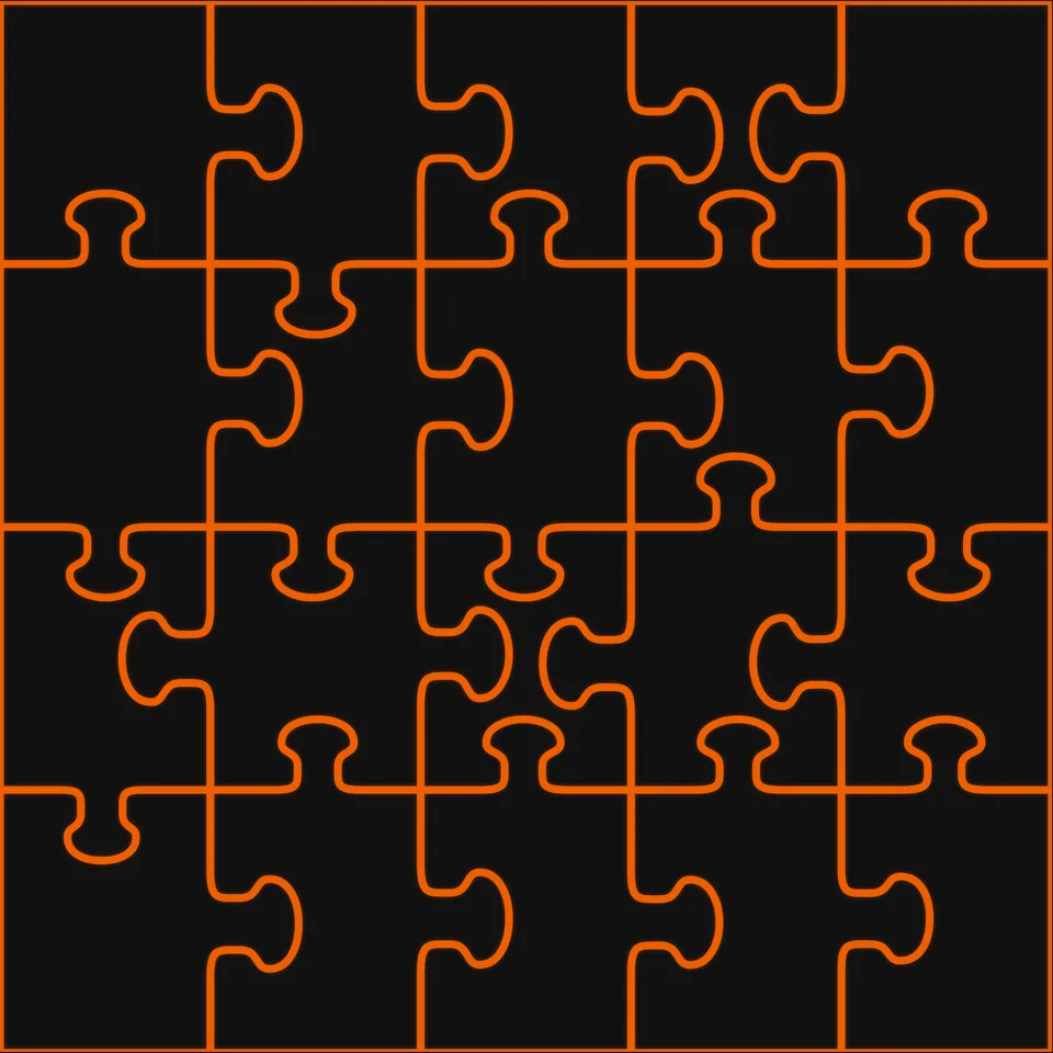 Puzzle Generator output: interlocking cut lines for a 20-piece (5 by 4) laser-cut jigsaw puzzle with randomized knobs