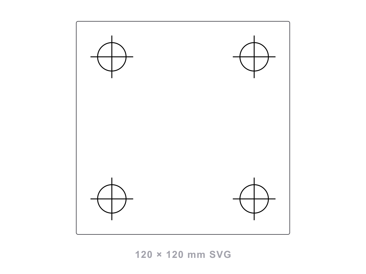 Preview of the free layer registration target SVG: four circle-and-crosshair targets at the corners of a 120 x 120 mm square