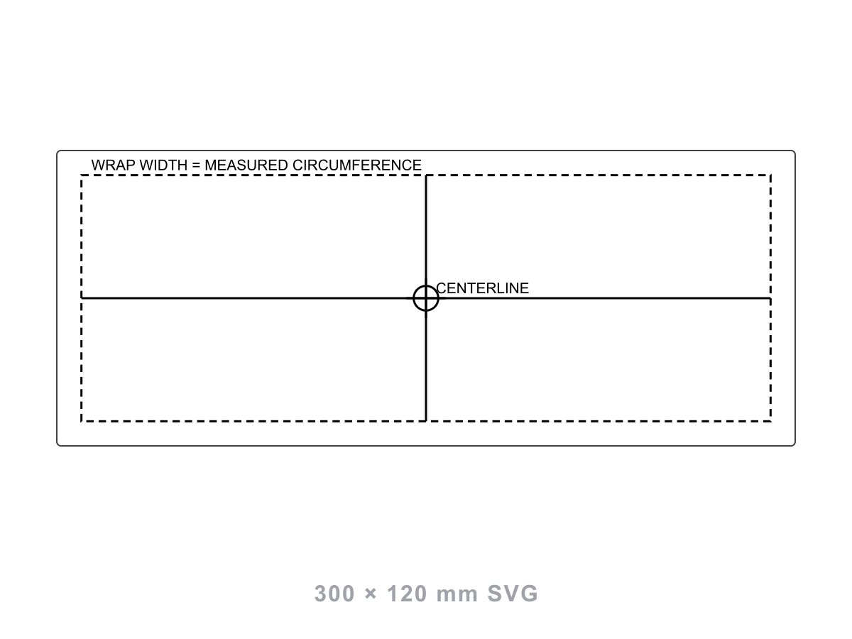 Preview of the free rotary centerline template SVG: a dashed 280 x 100 mm wrap boundary with a vertical and horizontal centerline and a centre crosshair