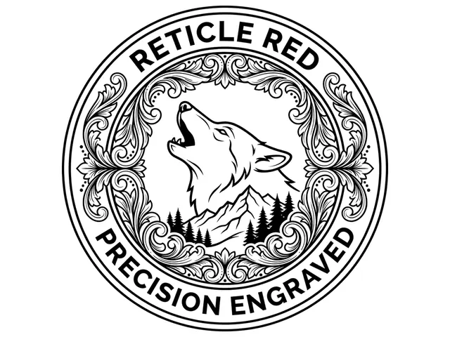 Flat 2D coin design: a howling wolf over mountains inside a scrollwork border reading RETICLE RED PRECISION ENGRAVED
