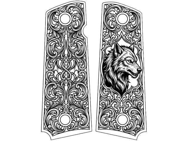Arabescos en blanco y negro y una cabeza de lobo generados por el Fabricator dentro de las mismas cachas