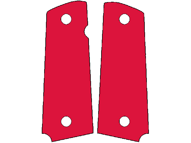 Un par de cachas 1911 con la zona de arte pintada de rojo y los agujeros de los tornillos libres
