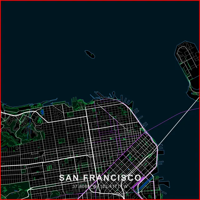 Finished San Francisco street map with water, the city name and coordinates, laid out for laser engraving